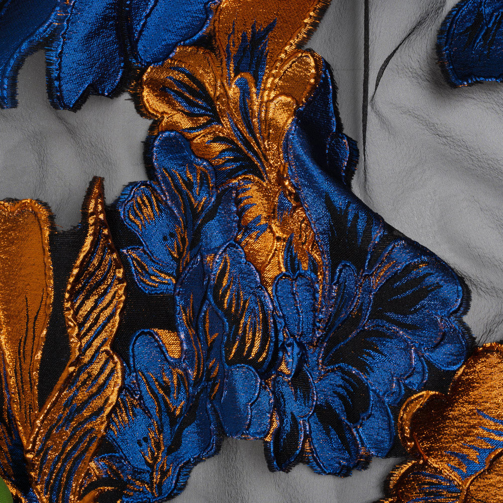 Metallic Royal Blue, Orange and Black Fantastic Flowers Luxury Burnout Brocade - Joann Fabrics