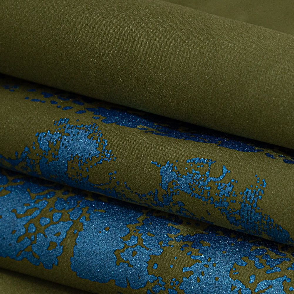 Avocado Green Duchesse Satin with Metallic Stellar Blue Striped Border Print - Joann Fabrics
