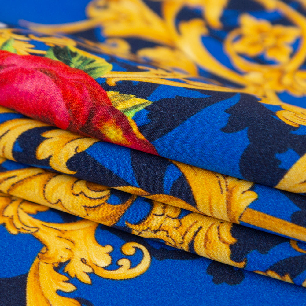 Mood Exclusive Italian Blue, Red and Gold Ornate Floral Digitally Printed Silk Charmeuse - Joann Fabrics