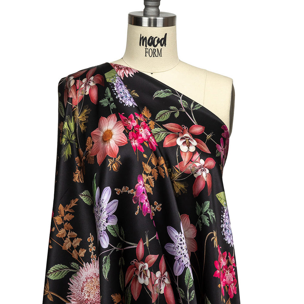 Mood Exclusive Italian Black, Pink and Green Floral Silk Charmeuse - Joann Fabrics