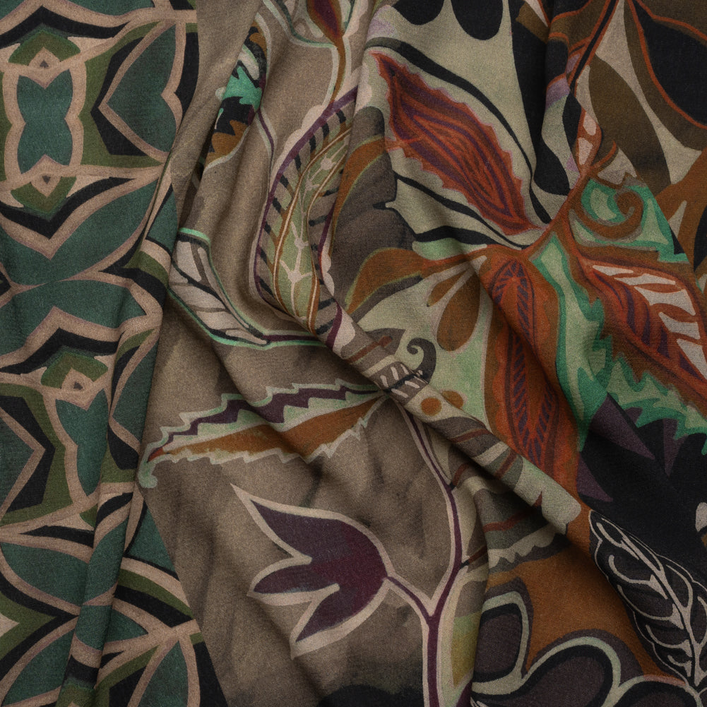 Sustainable Viscose Crepe Print - Brown and Green Leafy and Geometric Patchwork - Mood Exclusive Overgrown Life - Joann Fabrics