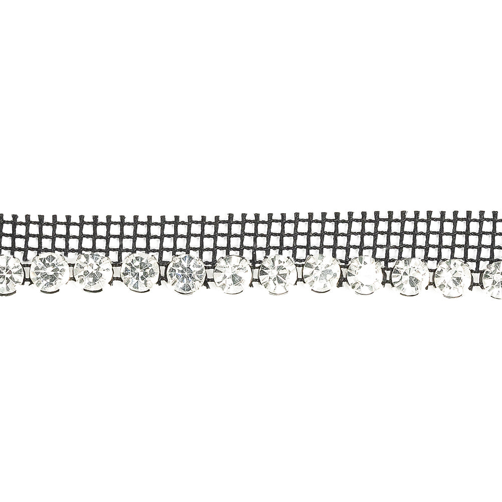 Vintage Crystal and Silver 1 Row Circular Rhinestones on Black Mesh Trimming - 0.75