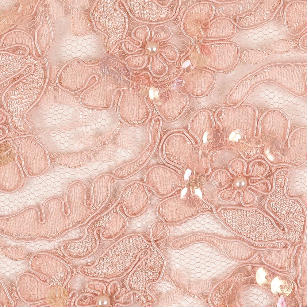 Pink Flowers and Leaves Beaded, Sequined and Corded Lace Trim - 5