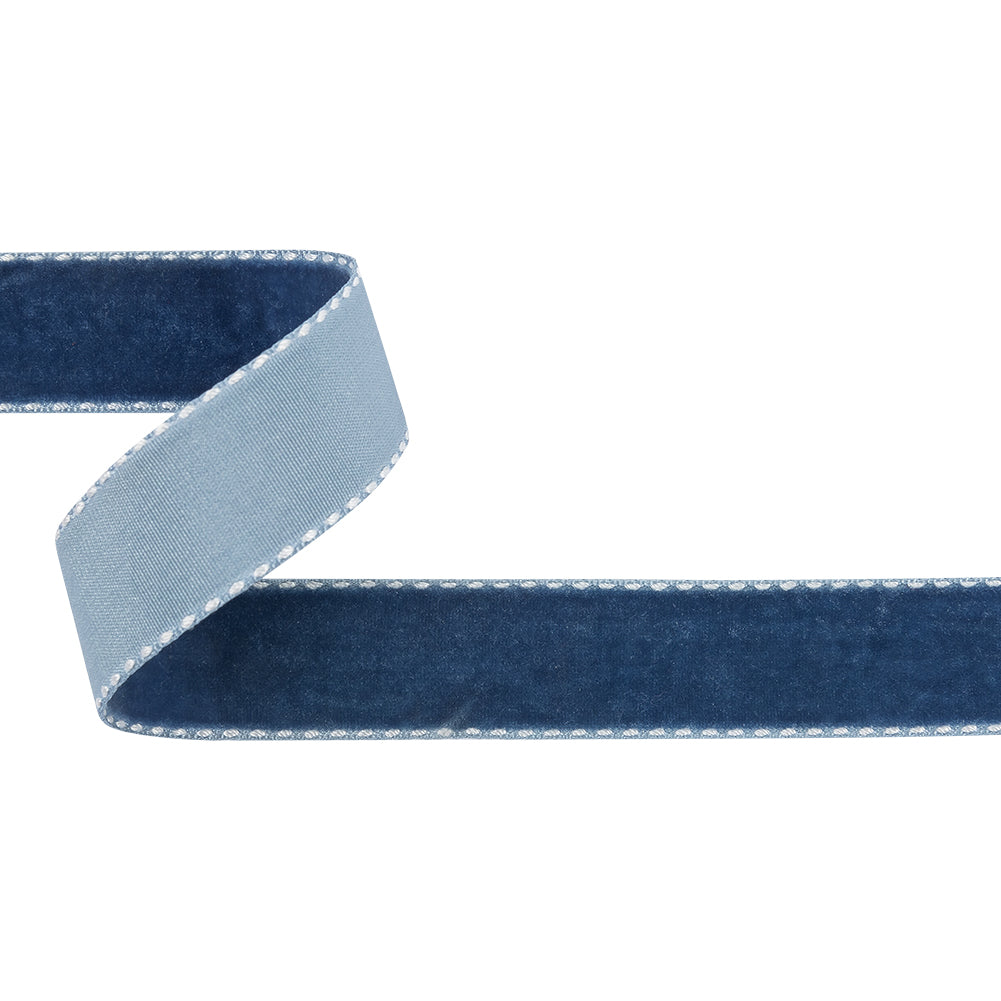 Navy Peony and White Side-Stitched Velvet Ribbon - 0.75