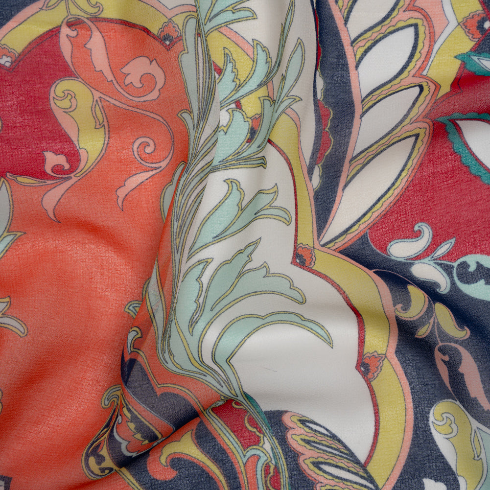 Polyester Chiffon Print - Navy, Red and Peach Paisley Leaves - Designer Deadstock - Joann Fabrics