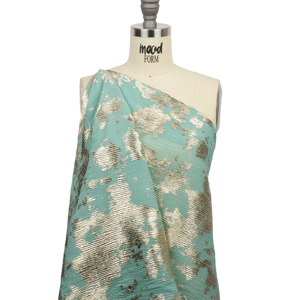 Polyester Chiffon Plisse with Abstract Gold Foiling - Mint - Aralia Collection - Joann Fabrics