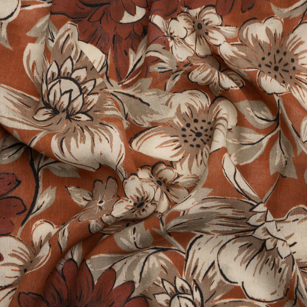 Sustainable Viscose Crepe Print - Rust Orange and White Floral - Mood Exclusive Crowded Fields - Joann Fabrics