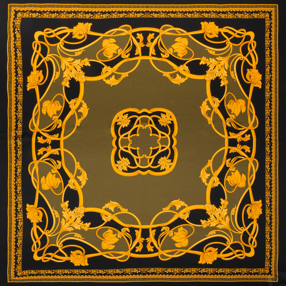 Silk Charmeuse Panel Print - Black, Olive Green and Gold Ornate Florals - Made in Italy - Joann Fabrics