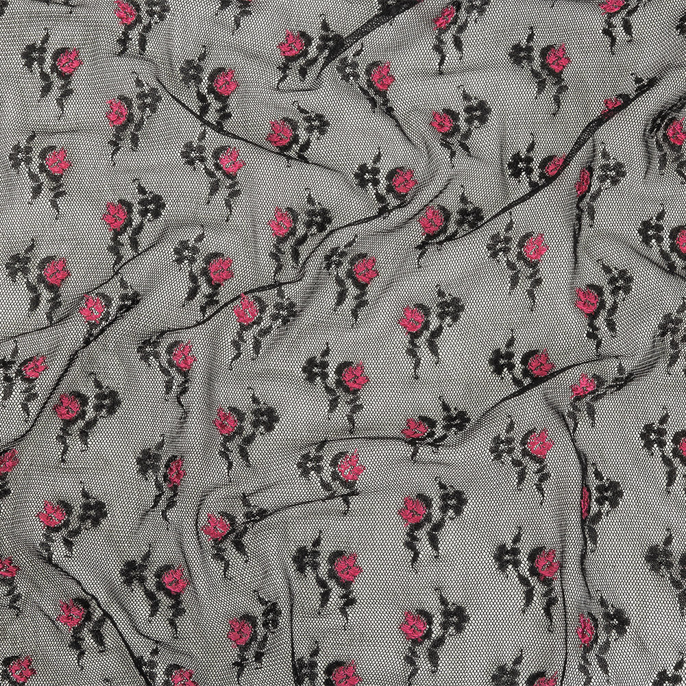 Black Stretch Mesh with Pink Embroidered Roses - Joann Fabrics