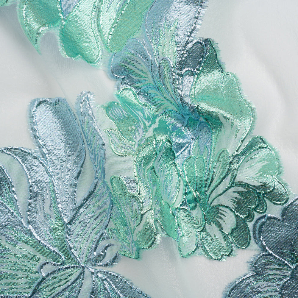 Metallic Aqua, Sky Blue and Off White Fantastic Flowers Luxury Burnout Brocade - Joann Fabrics