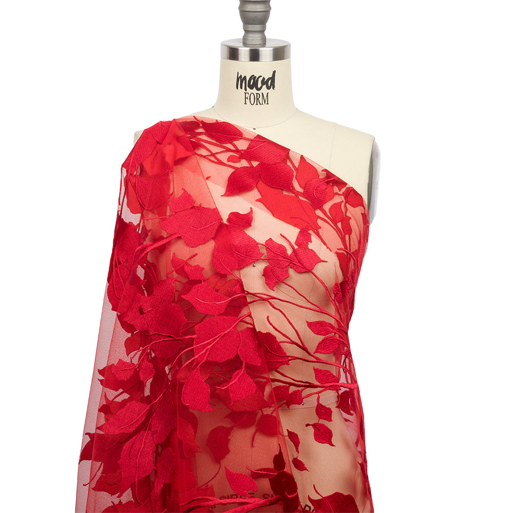 Embroidered Tulle Lace - Red Leafy Branches - Magnolia Collection - Joann Fabrics