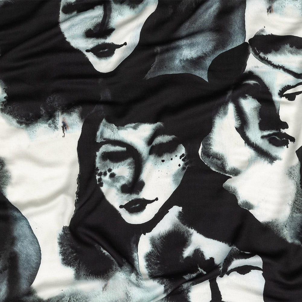Rayon Challis - Black and White Ghostly Faces - Unearthly Portrait Print - Mood Exclusive Twilight Collection - Joann Fabrics