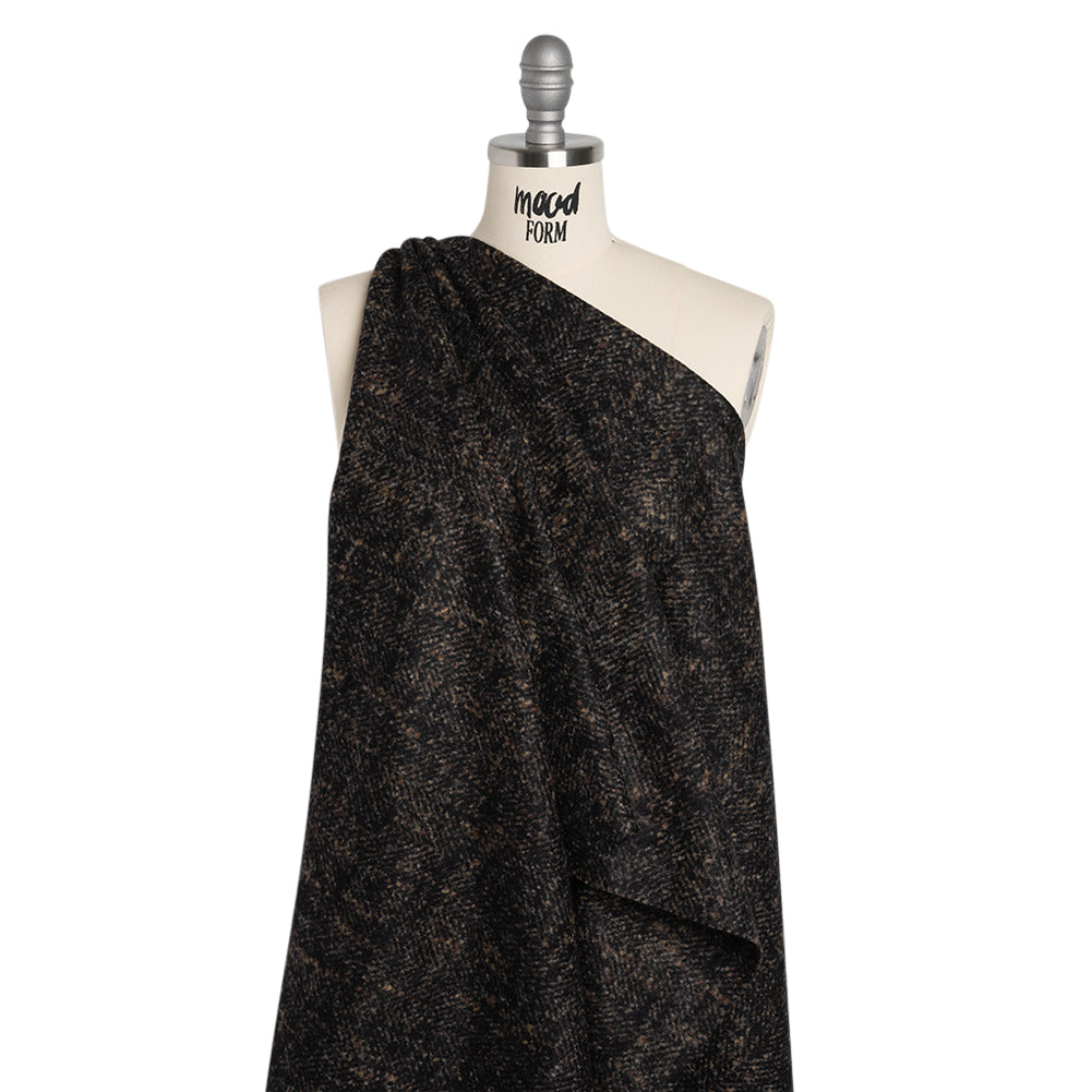 Alpaca Blend Boiled Wool Coating Made in Italy - Brown and Black Mottled Herringbone - Deadstock - Joann Fabrics