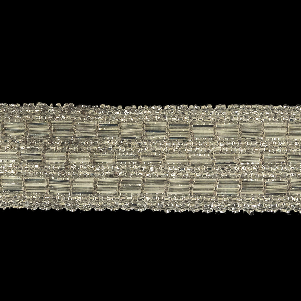 Vintage Silver Lined Seed and Bugle Beaded Striped Trim - 1.375