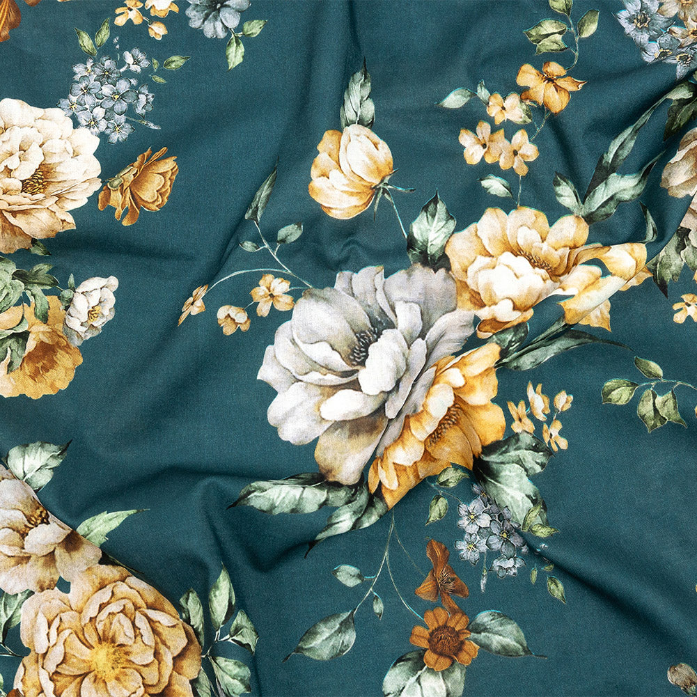 Cotton Voile - Teal and Orange Floral - Peony Prowess Print - Mood Exclusive Tumunyana Collection - Joann Fabrics