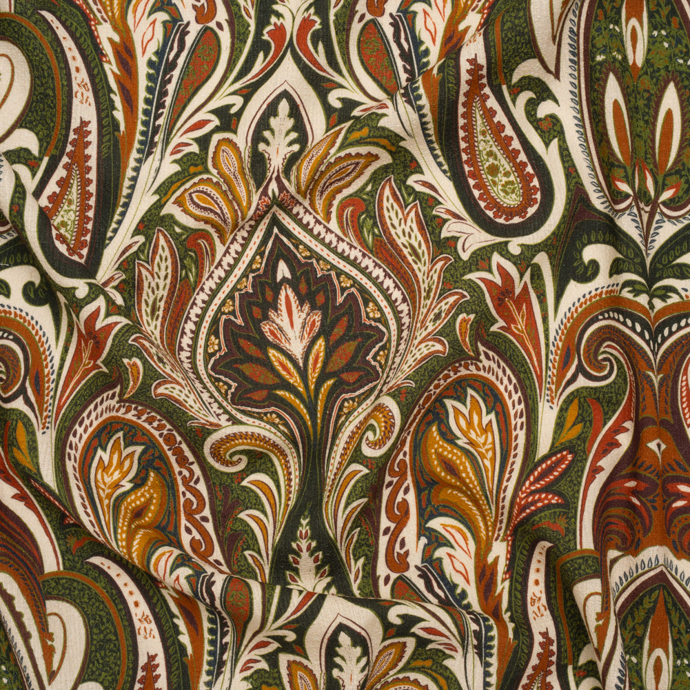Slubbed Gauzy Cotton Woven - Cream, Forest Green and Burnt Orange Paisley - Mood Exclusive Secret Garden Scrolls Print - Joann Fabrics