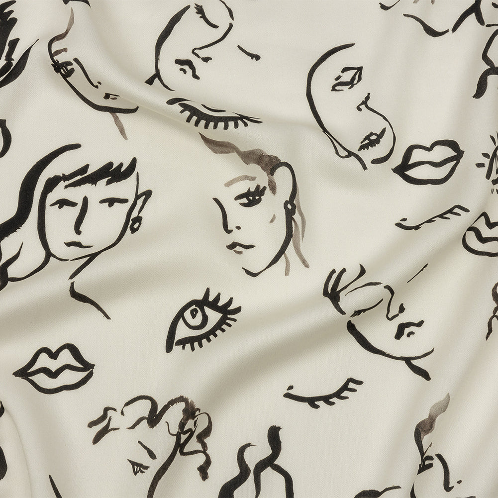 Rayon Challis - Black and White Face Drawings - Everyday Runway Print - Mood Exclusive Metro Collection - Joann Fabrics