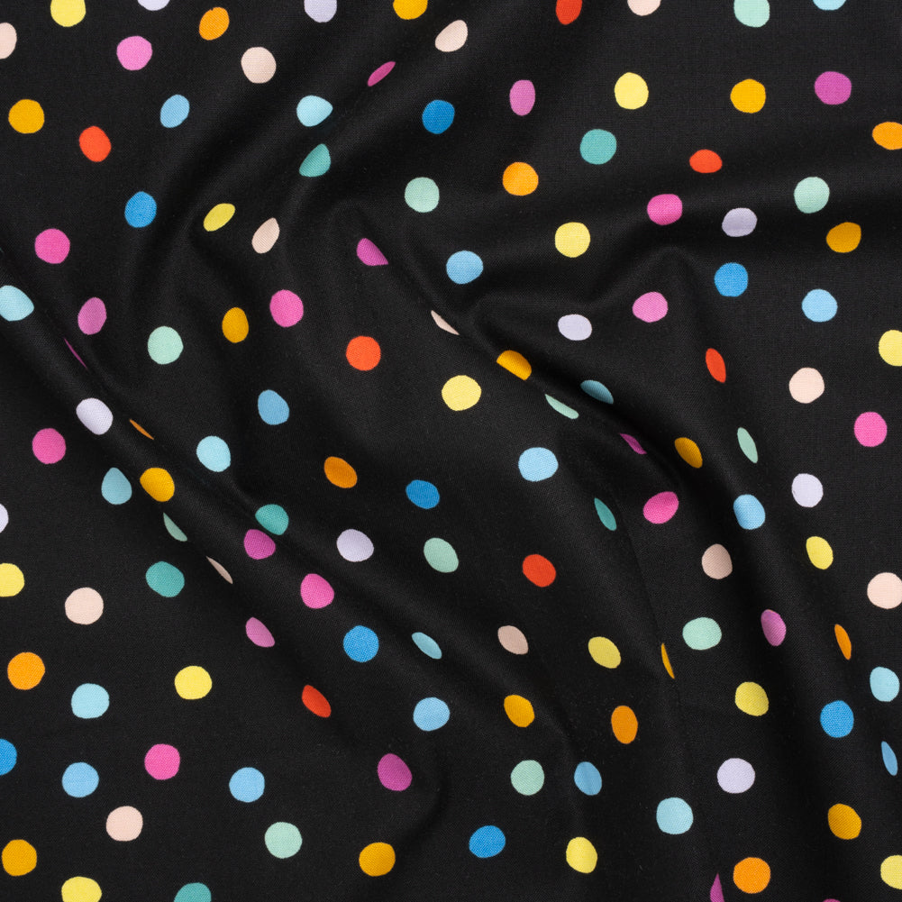 Printed Quilting Cotton by Ghazal Razavi for FIGO Studio - Black and Rainbow Pom Poms - Dusk Collection - Joann Fabrics