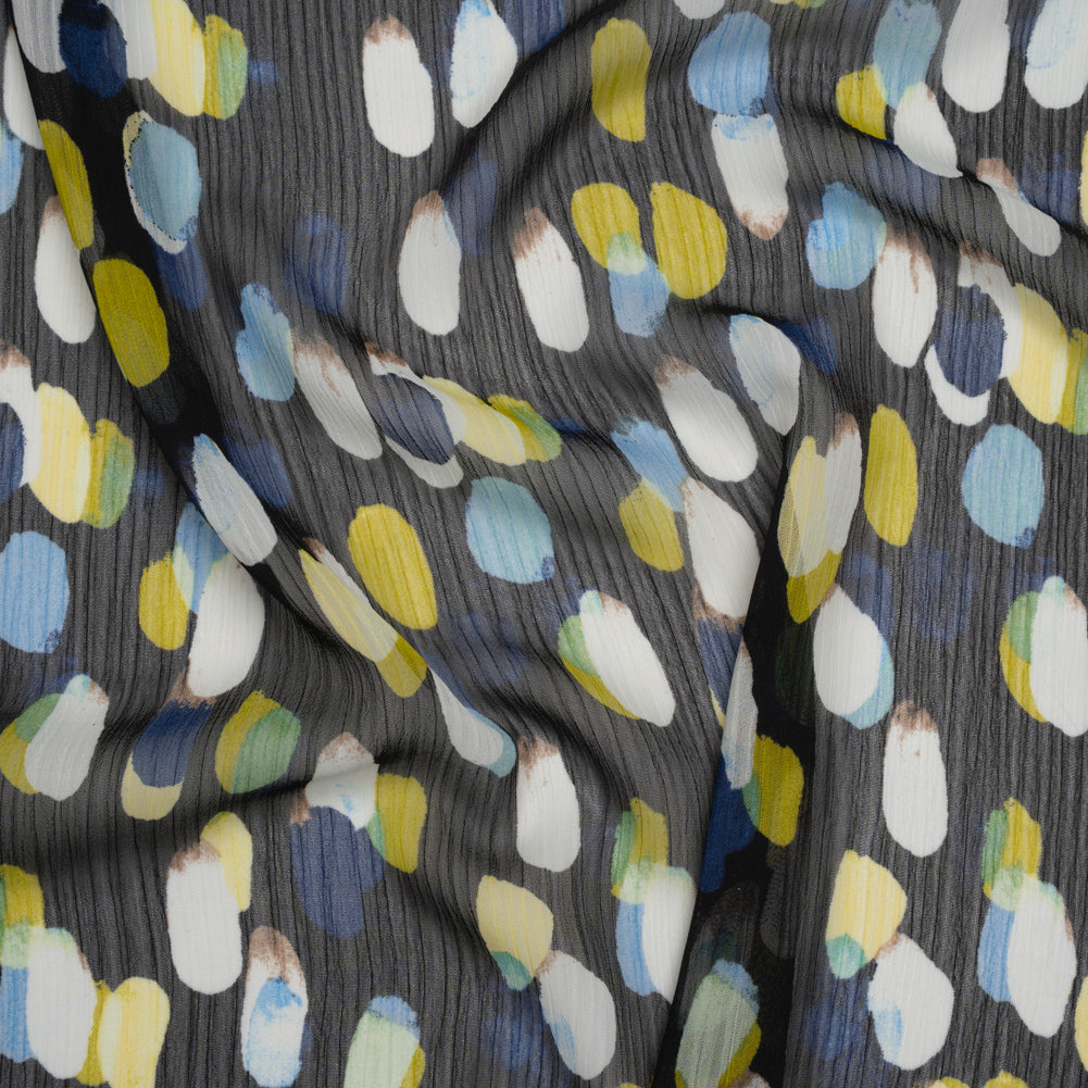 Crinkled Polyester Chiffon Print - Black, Blue and Yellow Abstract Spots - Designer Deadstock - Joann Fabrics