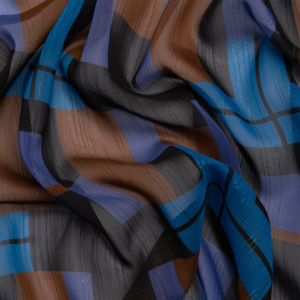 Polyester Chiffon Print with Metallic Pinstripes - Blue, Purple and Brown Geometric - Mood Exclusive Geometric Jigsaw - Joann Fabrics