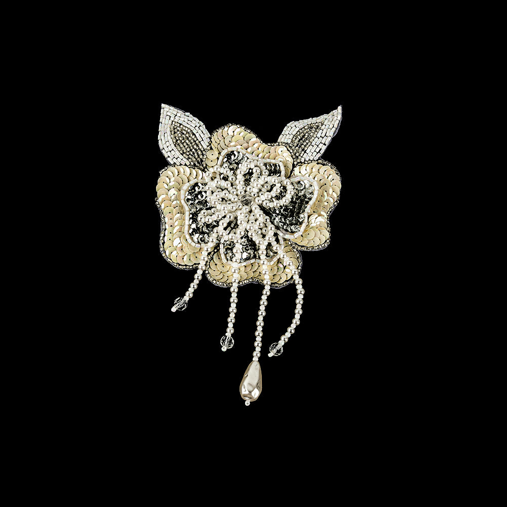 Vintage Golden Iris and Pearl, Silver Sequins and Beaded 3D Floral Applique with Crystal Bead Center - 6.625