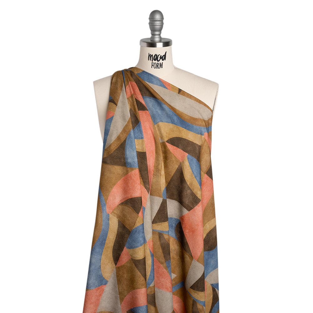 Viscose Crepe - Tan, Rose Coral and Muted Blue Abstract Shapes - Mood Exclusive Drifting Intentions Print - Joann Fabrics