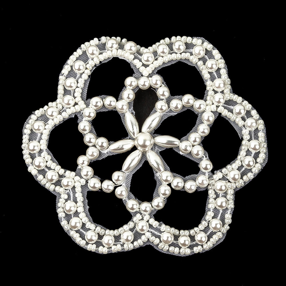 Vintage Iridescent White and Pearl Beaded Floral Applique - 3