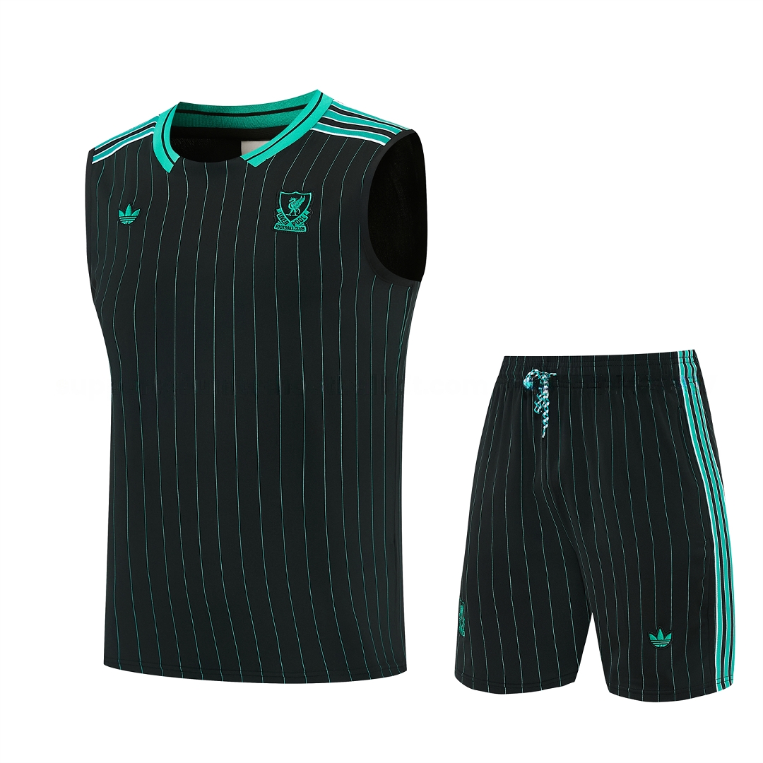 Liver.pool 25-26 Retro Style Vest Training Set - Black With Turquoise Stripes Top & Pants - UnitedFutballJersey