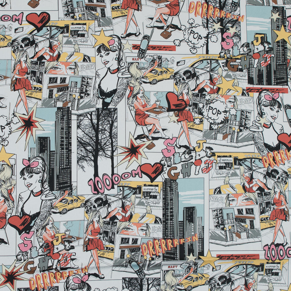 Stretch Cotton Sateen - Red and Yellow Comics - Coffee and Cars Print - Mood Exclusive Comic Collection - Joann Fabrics