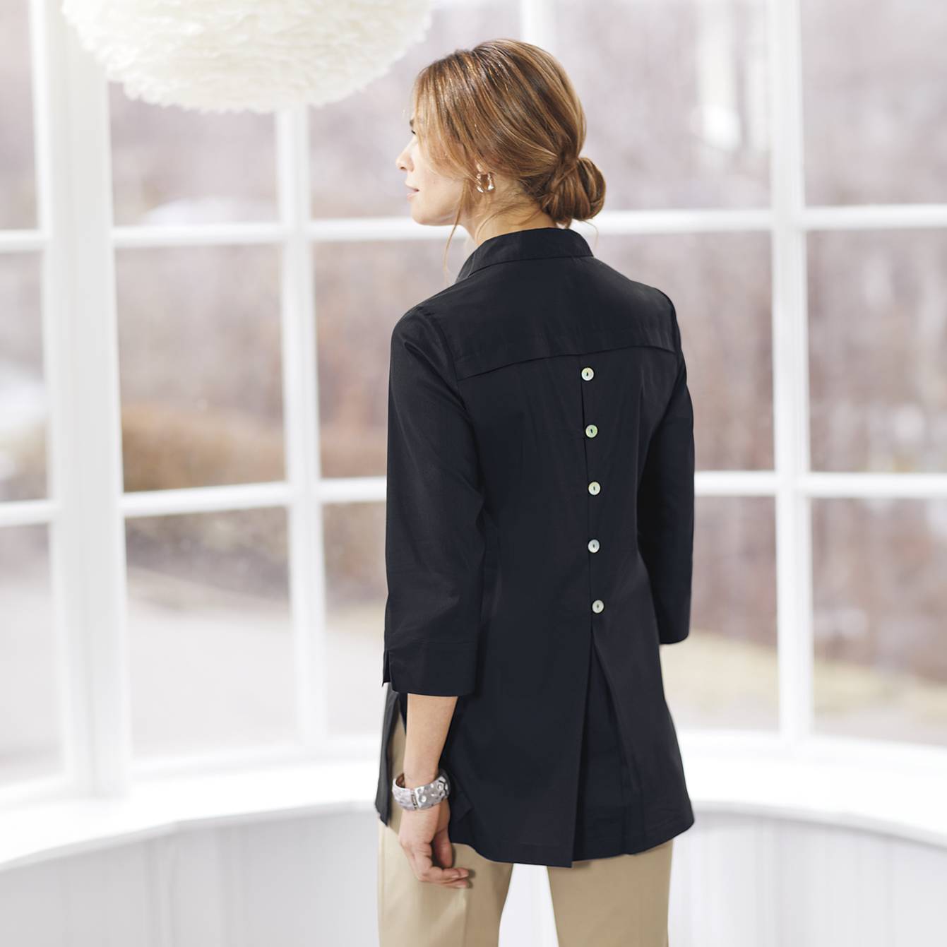 Button Accent Tunic, A-Line, 3/4 Sleeves, Back Yoke, Side Slits - Northstyle Catalog