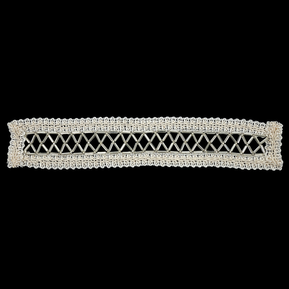 Vintage Silver and Ivory Lattice Window Rectangular Beaded and Braided Applique - 7.75