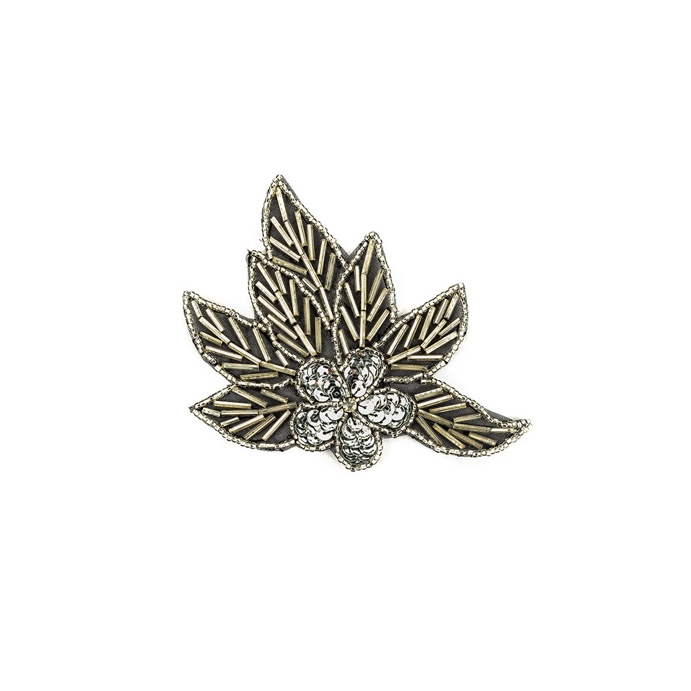 Vintage Silver Sequins and Silver-lined Bugle Beaded Floral Applique with Rhinestone Center - 4