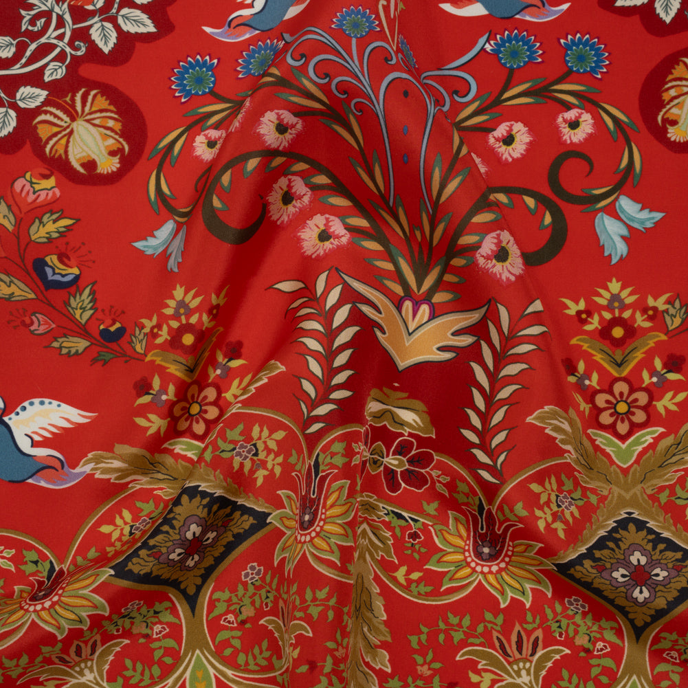 China Silk/Silk Habotai Print Made in Italy - Red, Green and Golden Yellow Flowers and Crests - Deadstock - Joann Fabrics