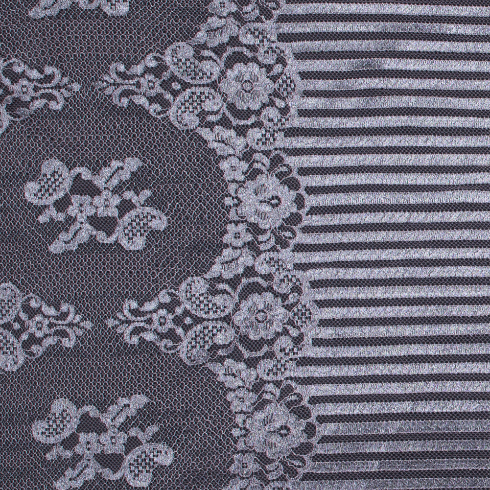 Lace with Scalloped Eyelash Edges - Rose and Metallic Silver Striped Floral - Joann Fabrics