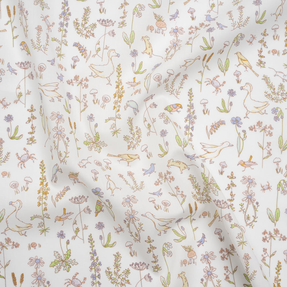 Liberty Fabrics Tana Lawn® - Theo Yellow - Pale Yellow, Spring Green and Blue Cartoon Creatures and Flowers - Joann Fabrics