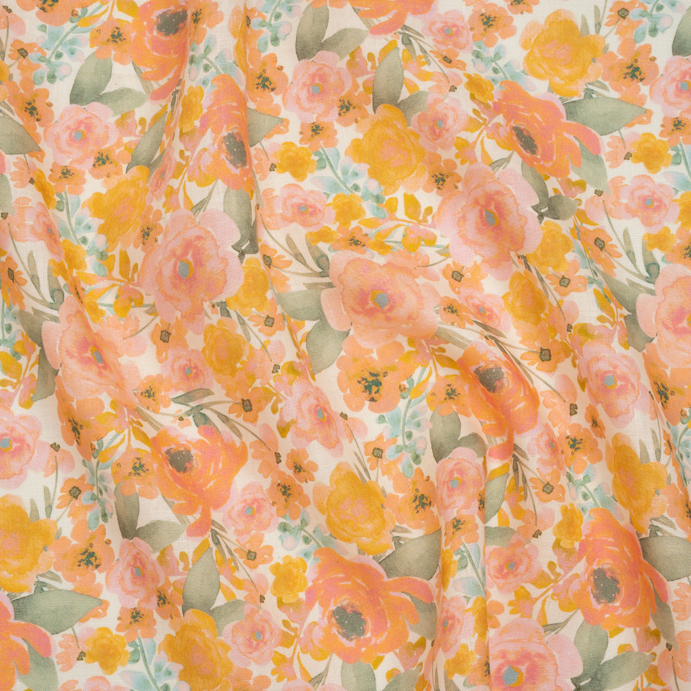 Lightweight Linen Woven Print - Peachy Pink, Yellow and Sage Green Watercolor Florals - Joann Fabrics