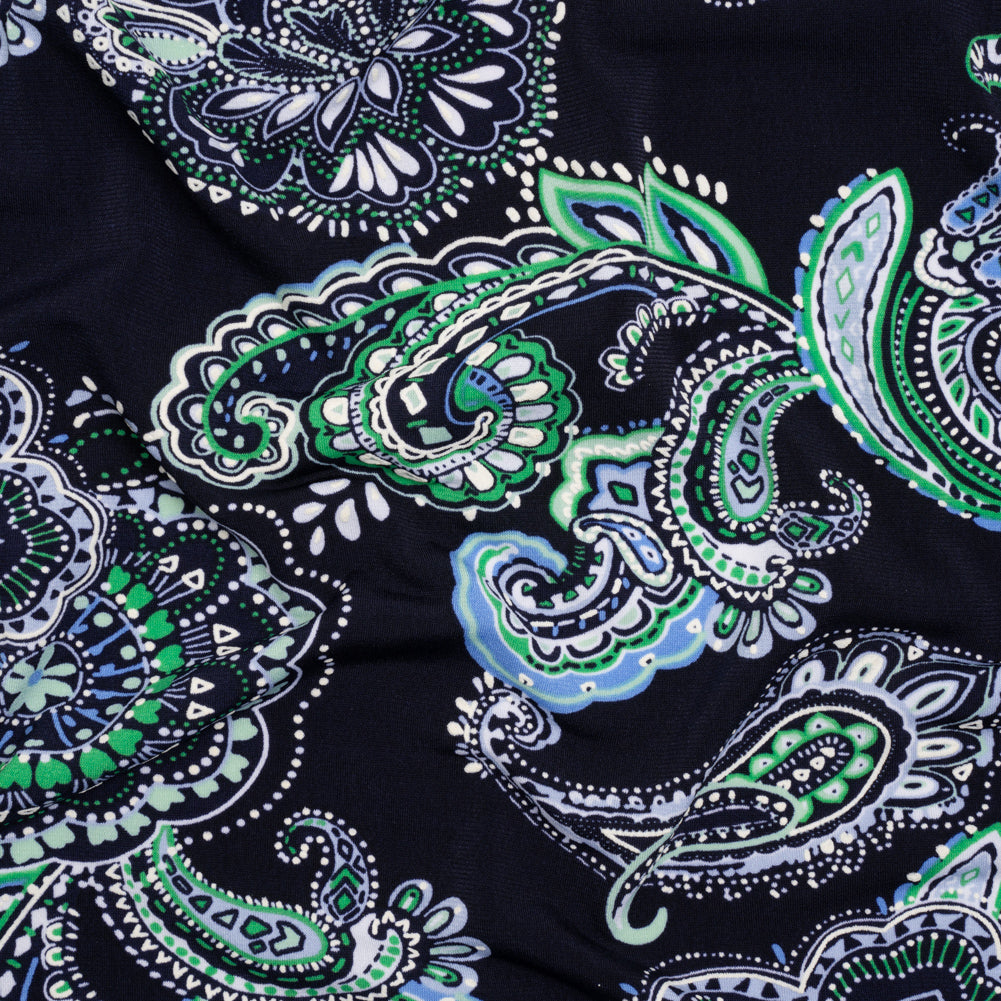 Stretch Polyester Tricot with Puff Print - Navy, Green and White Floral and Paisley - Designer Deadstock - Joann Fabrics