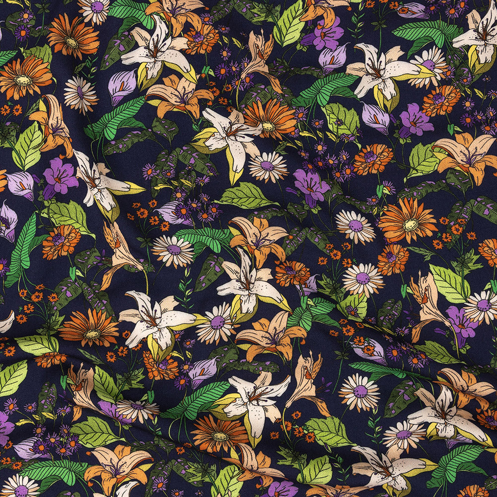 Rayon Batiste Print - Navy, Orange and Green Floral - Mood Exclusive Navy Lifeline Lilies - Joann Fabrics