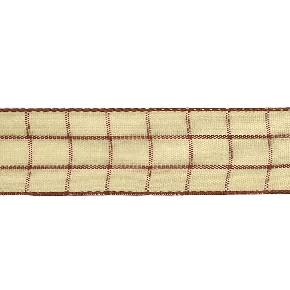 Brown and Ethereal Green Windowpane Check Woven Ribbon - 1