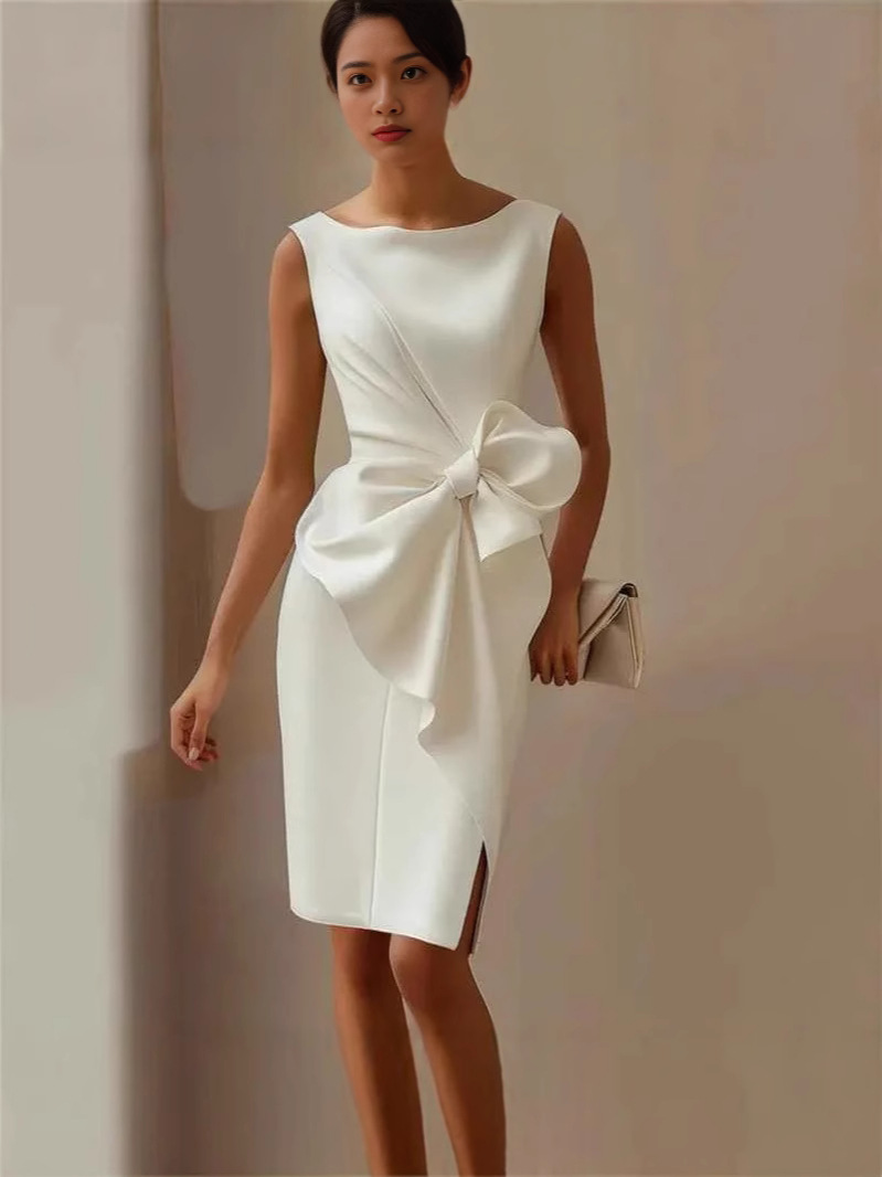 Solid Color Bow Decoration Round Neck Sleeveless Knee-Length Mini Dress
