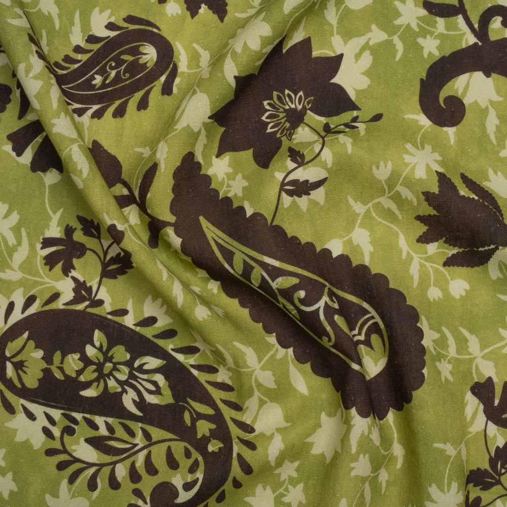 Linen and Rayon Woven - Kiwi Green and Dark Brown Paisley and Vines - Mood Exclusive Groovy Grove Print - Joann Fabrics