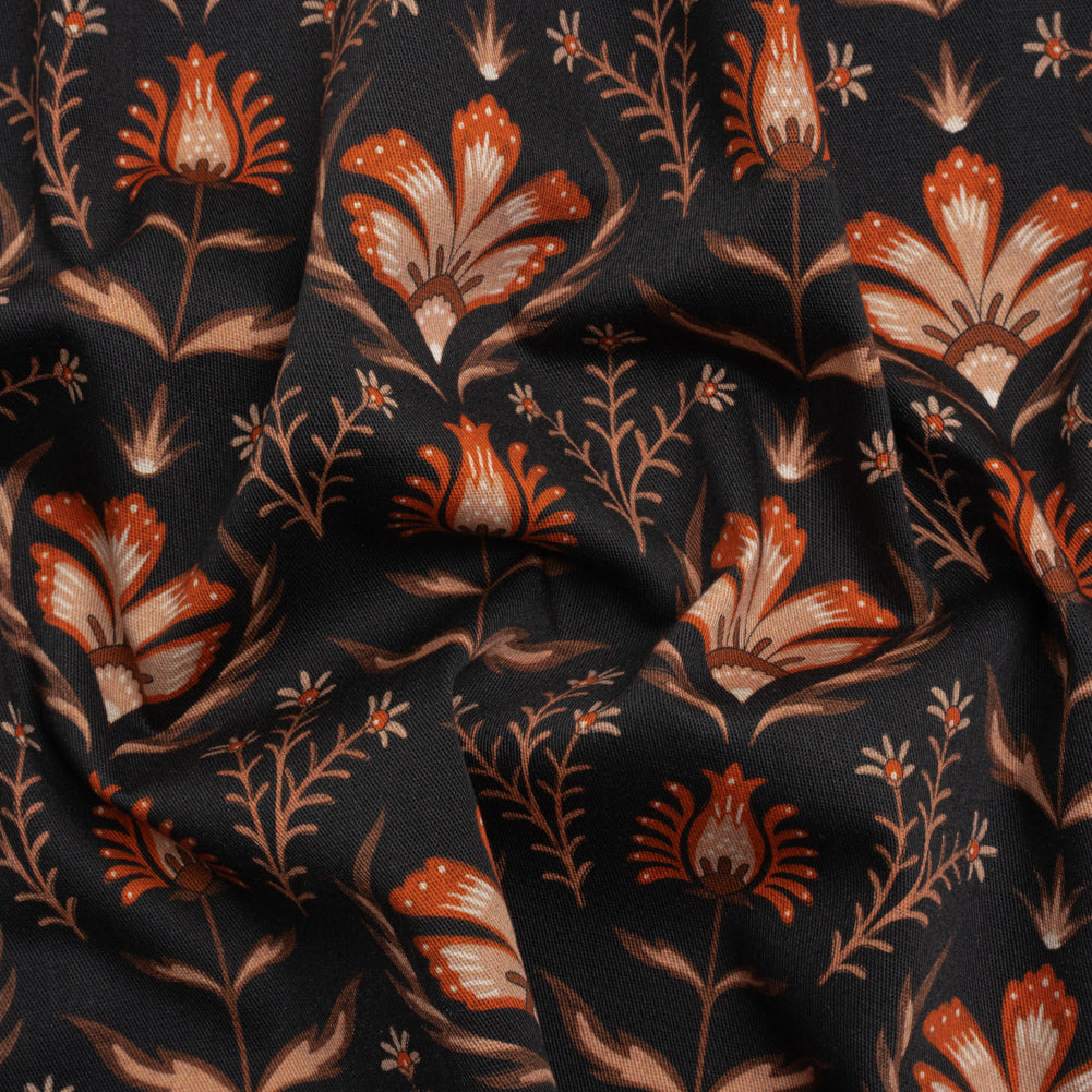 Stretch Cotton Twill - Black and Orange Floral - Watching the Fire Print - Mood Exclusive Rockland Collection - Joann Fabrics