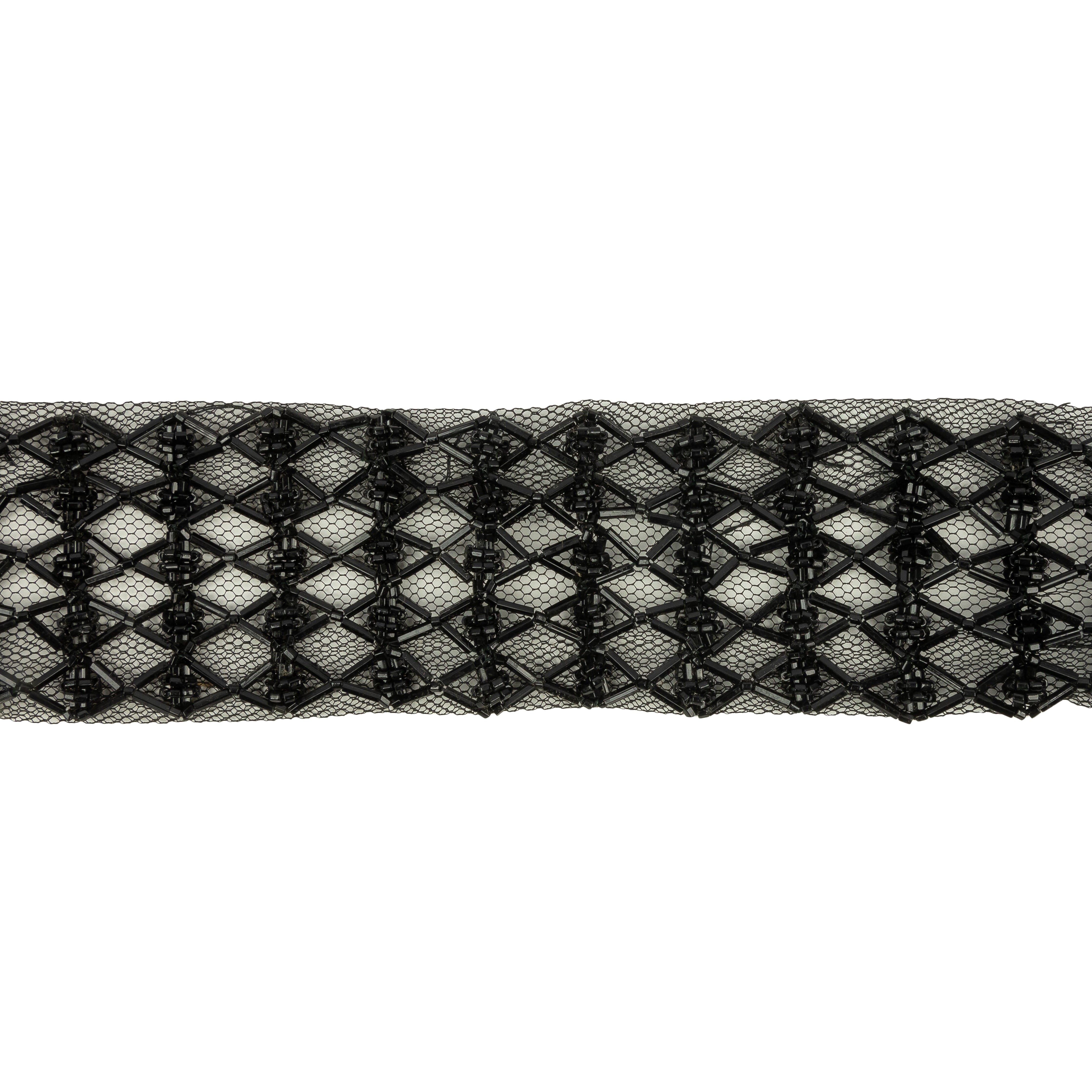 Vintage Black Latticework Glass Beaded Mesh Trim - 1.75