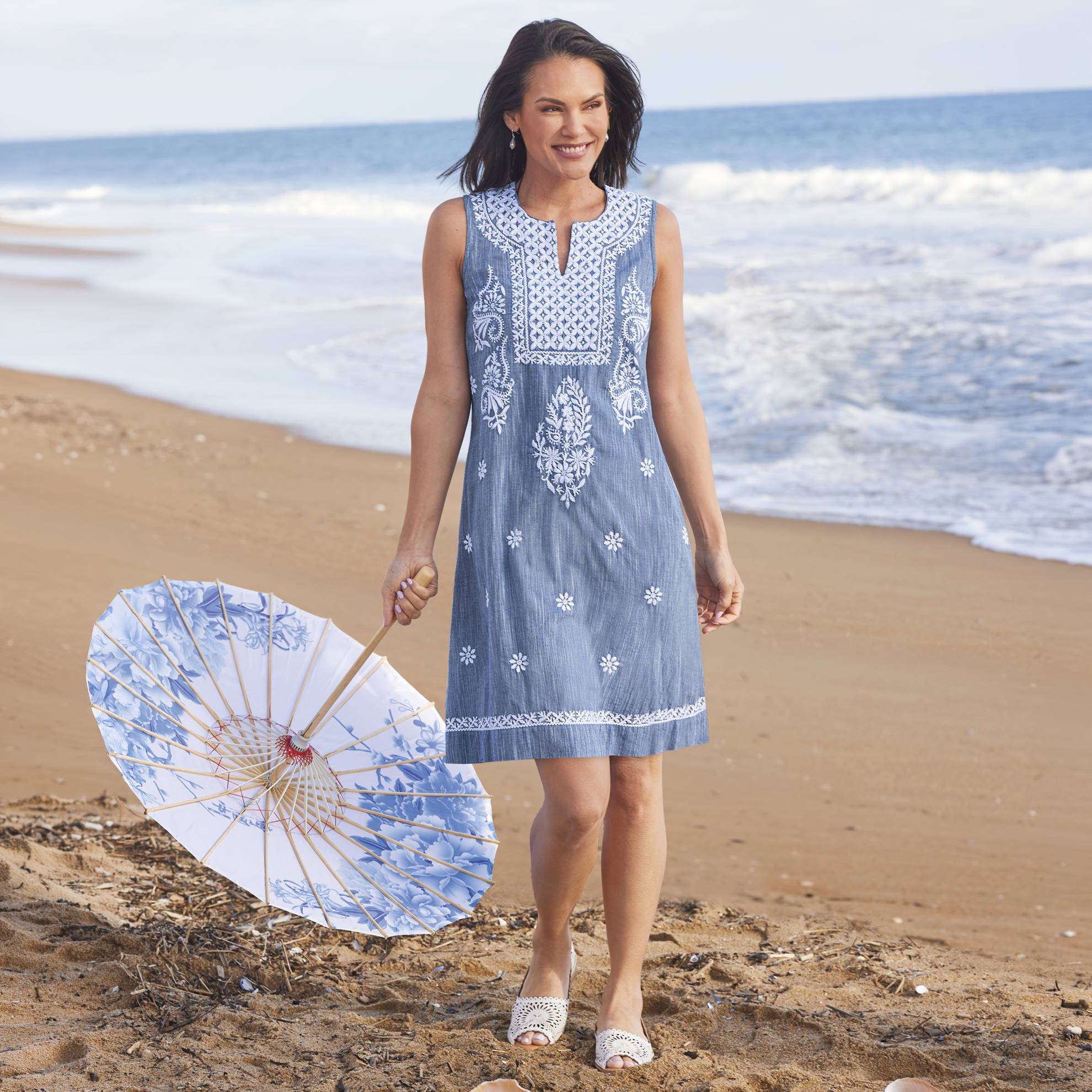 Embroidered Chambray Dress, Sleeveless, Notched Neck, Side Zip, Cotton - Northstyle Catalog
