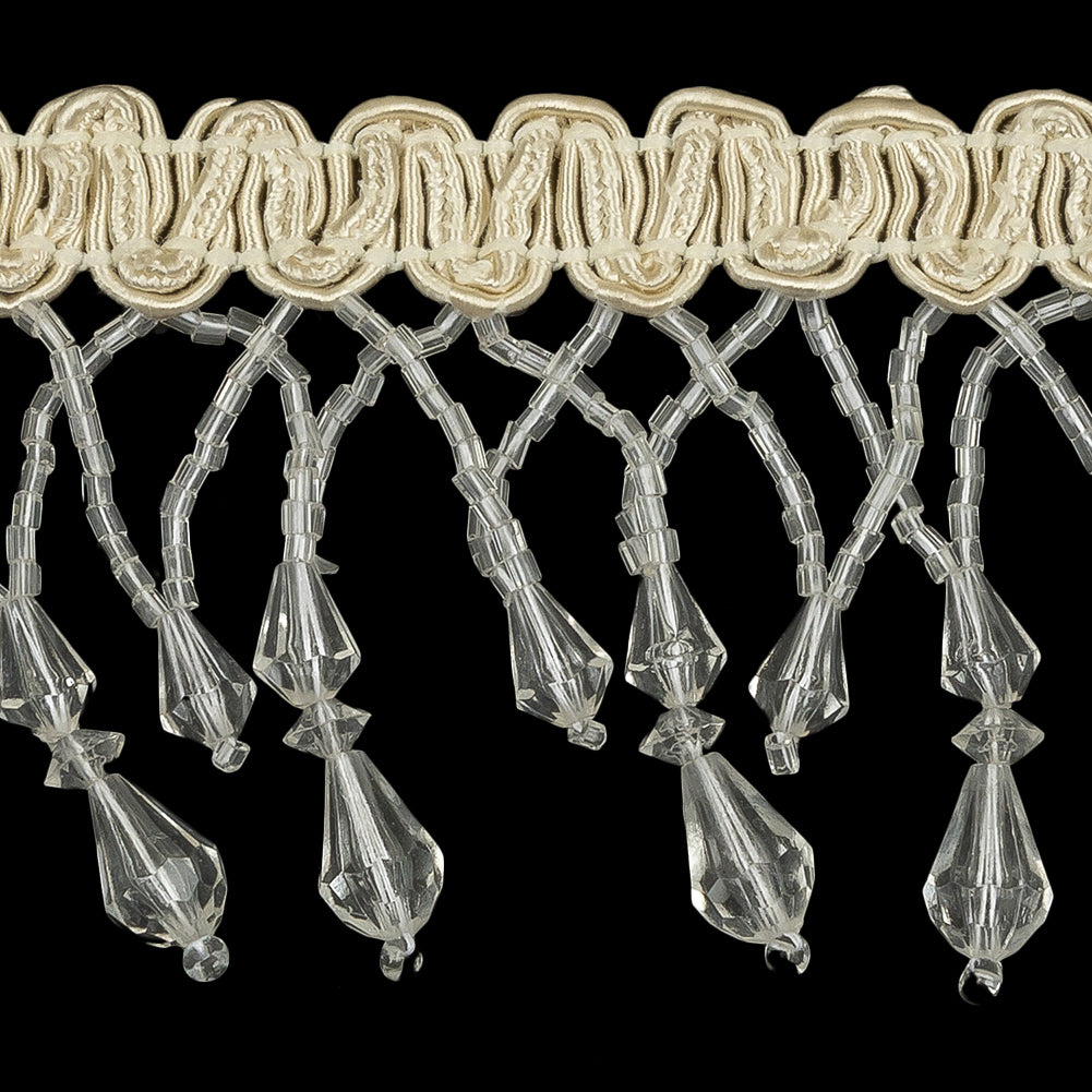 Vintage Crystal Fancy Beaded Fringe on Ivory Braid - 2.25