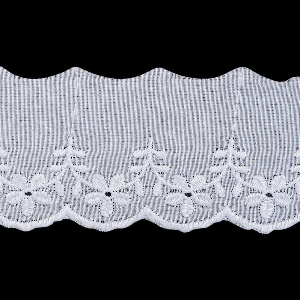 Cotton and Polyester Embroidered Eyelet Lace Trim with One Finished Scalloped Edge - 2.25