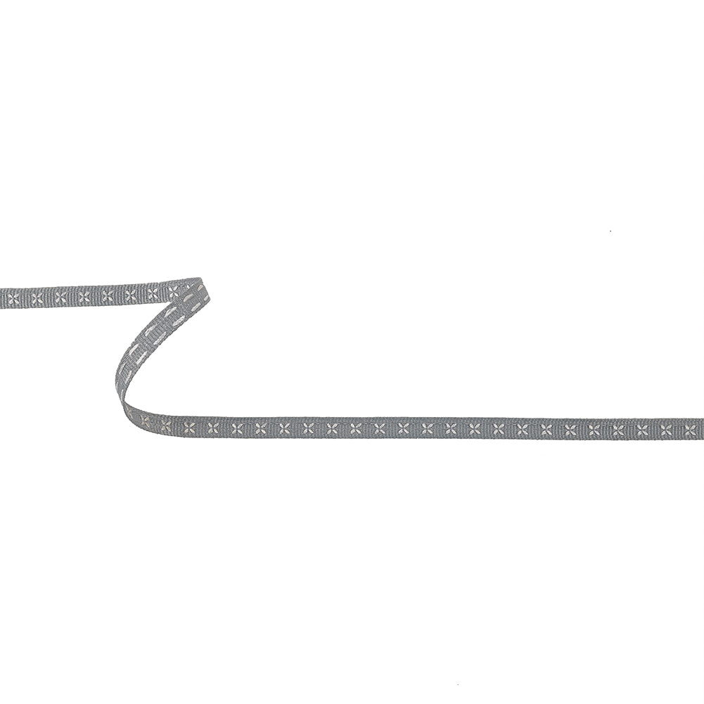 Gray Grosgrain Ribbon with Blanc de Blanc Stitched Flowers - 0.25
