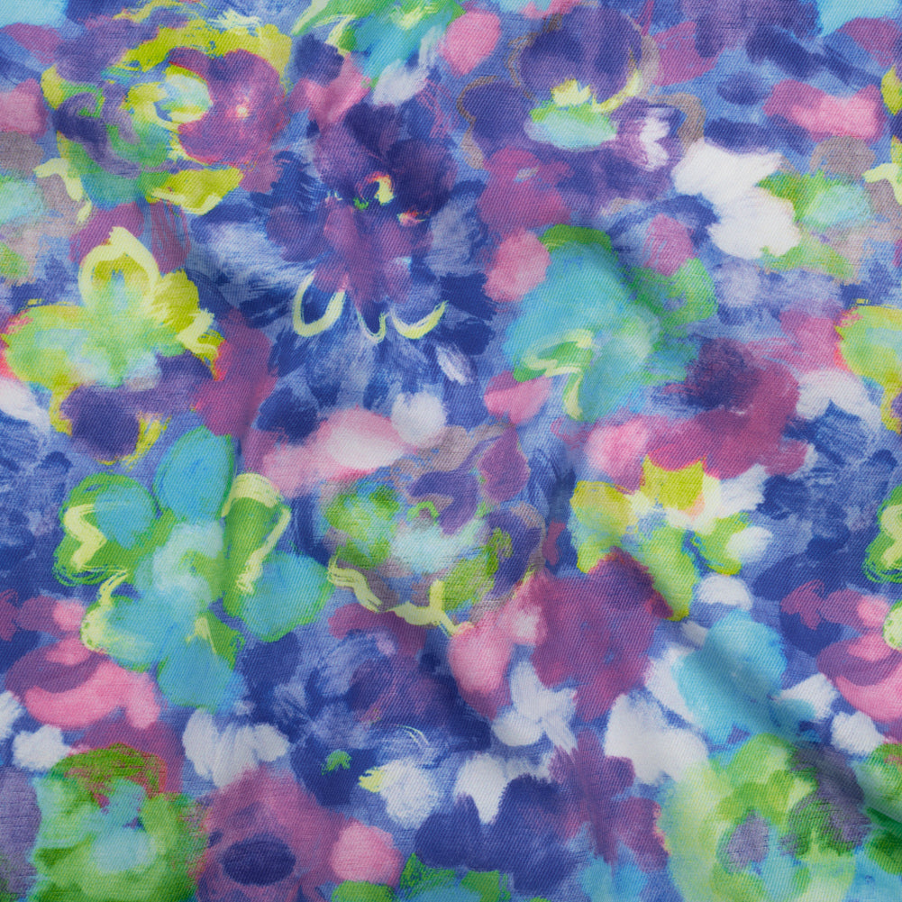 Peached Polyester Twill - Pink, Ultramarine and Lime Green Painted Flowers - Mood Exclusive Painted Posies Print - Joann Fabrics