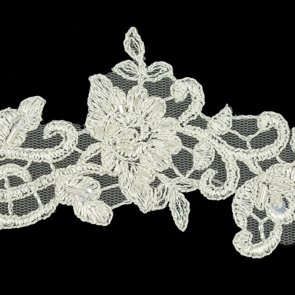 White Floral Beaded Bridal Lace Trim with Striped Metallic Silver Cording - 2.5