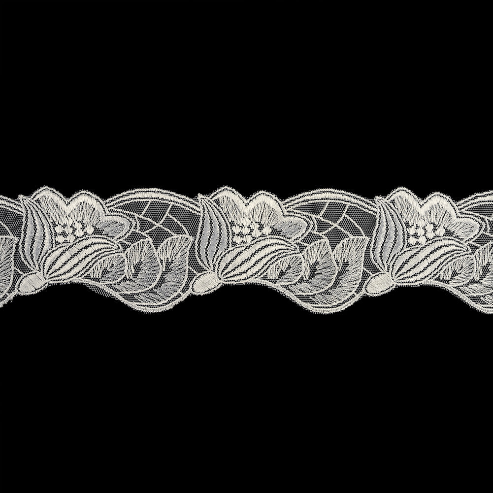 White Luminous Blooming Flowers Embroidered Lace Trim - 2.375